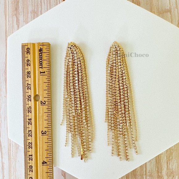 Crystal Ponytail with Beads Long Tassel Chain Earrings - Picture 3 of 7